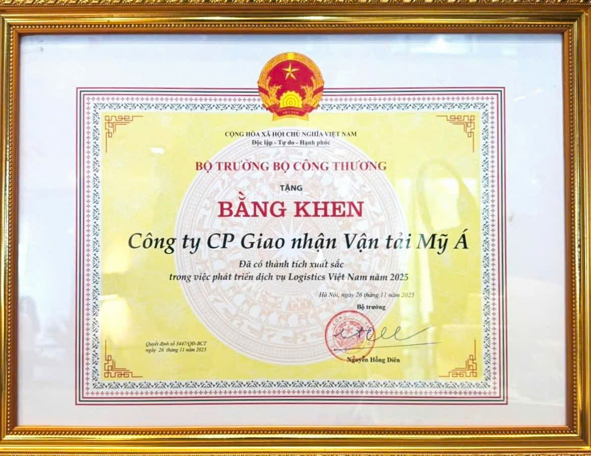 Bằng khen của Bộ trưởng Bộ Công Thương vì đã có thành tích xuất sắc trong việc phát triển dịch vụ Logistics Việt Nam năm 2025